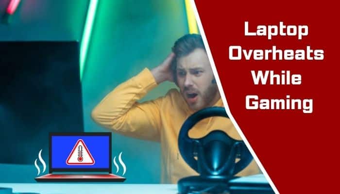 How to fix laptop overheating - tyconstory | tycoonstory media How to fix laptop overheating while gaming, showing a frustrated gamer beside a hot laptop with a temperature warning symbol.