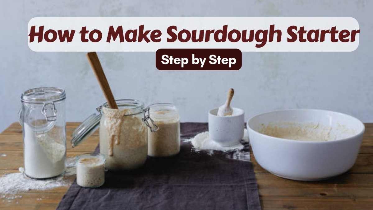How to make sourdough starter - tycoonstory | tycoonstory media How to make sourdough starter step by step guide showing flour, jars, dough mixture, and baking ingredients on a kitchen table.