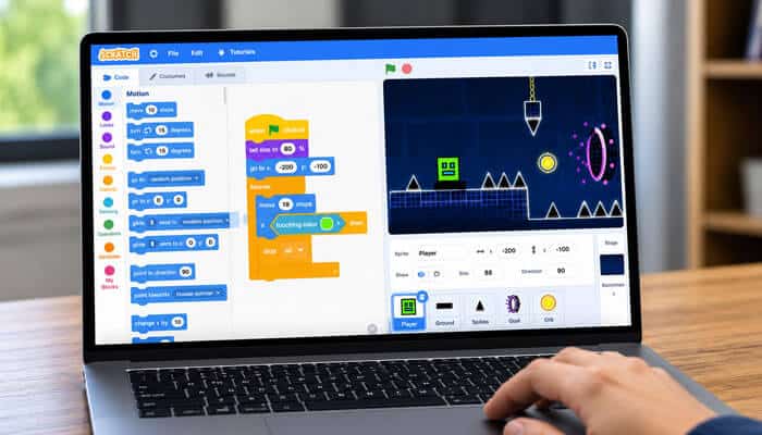 How to make your own geometry dash scratch game - tycoonstory | tycoonstory media Geometry dash scratch project open in the scratch editor, showing block-based coding alongside a custom level with a cube, spikes, orb, and portal.
