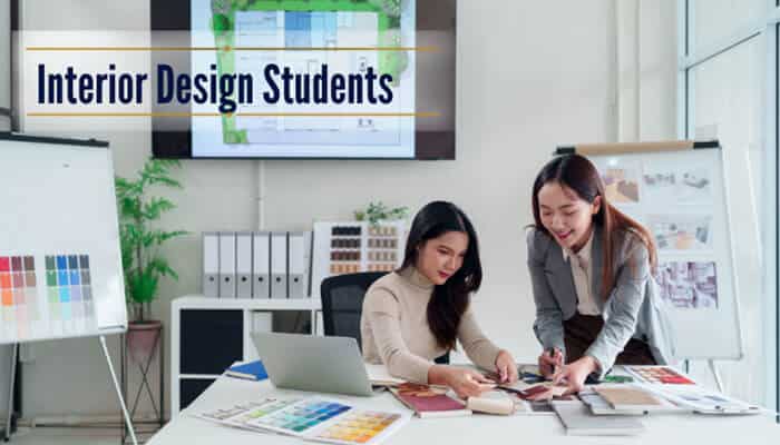Interior design students - tycoonstory | tycoonstory media Start for luxuryinteriors. Org interior design students collaborating on material samples, color palettes, floor plans, and spatial design concepts in a professional design studio.