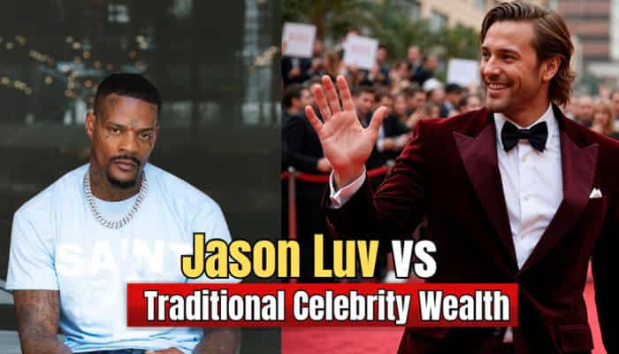 Jason luv vs traditional celebrity wealth - tycoonstory | tycoonstory media Jason luv net worth comparison image featuring jason luv alongside a traditional celebrity, illustrating differences between creator-driven income, personal branding, and conventional celebrity wealth.