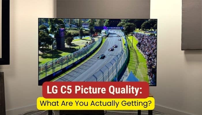 Lg c5 oled price drop - tycoonstory | tycoonstory media Lg c5 oled price drop image highlighting lg c5 picture quality with a vivid motorsport scene displayed on the oled television.