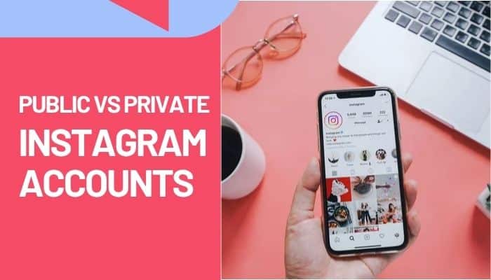 MollyGram Instagram graphic comparing public vs private Instagram accounts, shown with an Instagram profile displayed on a smartphone.