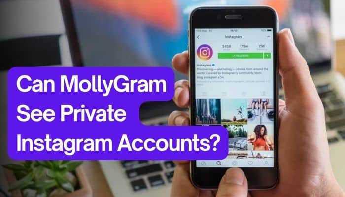 MollyGram Instagram graphic asking whether MollyGram can view private Instagram accounts, with an Instagram profile displayed on a smartphone.