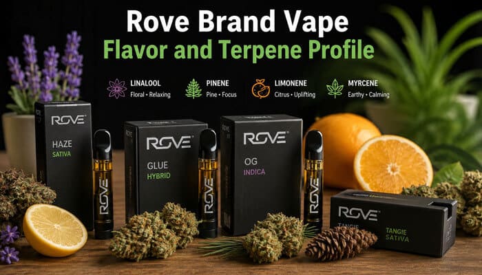 Rove brand vape flavor and terpene profile - tycoonstory | tycoonstory media Rove brand vape flavor and terpene profile showing vape products alongside citrus, lavender, pine, and cannabis terpene references.