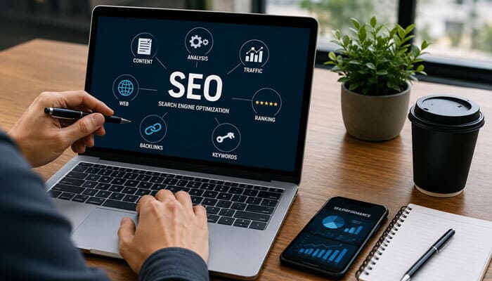 Seo in digital marketing android app seo website development - tycoonstory | tycoonstory media Digital marketing android app seo website development concept showing an seo dashboard with keywords, backlinks, traffic, content, and ranking analysis.