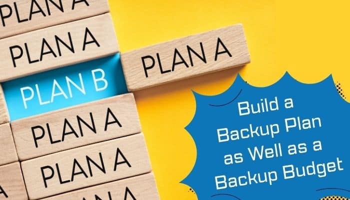 Start ThriftyEvents.net budget planning concept showing Plan A and Plan B blocks with advice to build both a backup plan and backup budget.