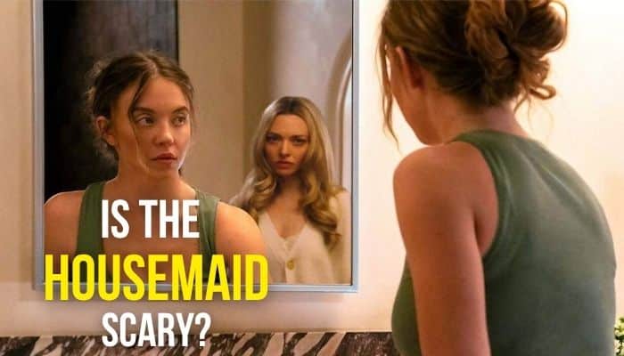 The housemaid parents guide: age rating, nudity & violence - tycoonstory | tycoonstory media The housemaid parents guide image showing a tense mirror scene that highlights the movie’s suspenseful atmosphere and potentially frightening moments.