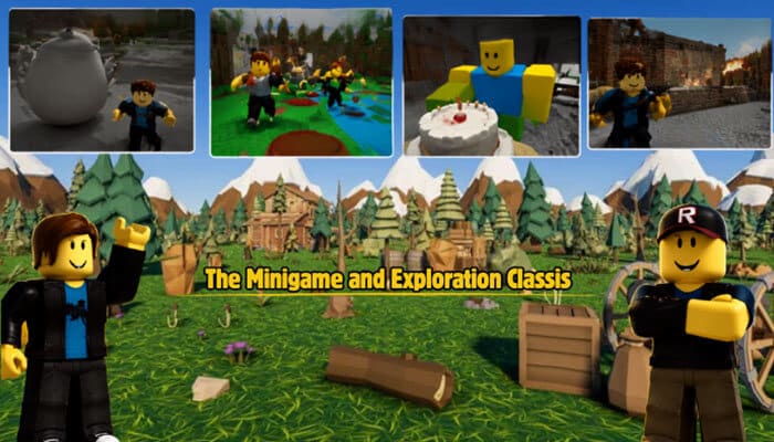 The minigame and exploration classics - tycoonstory | tycoonstory media Og roblox games collage showcasing classic minigame and exploration gameplay, with blocky avatars, obstacle challenges, cake-making, survival scenes, and nostalgic early roblox environments.