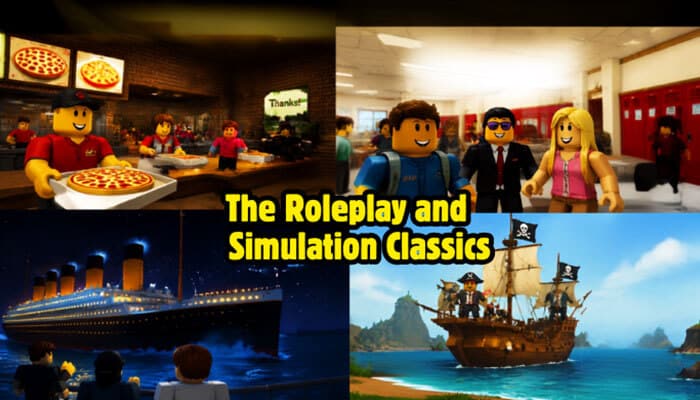 The roleplay and simulation classics - tycoonstory | tycoonstory media Og roblox games collage featuring classic roleplay and simulation adventures with a pizza restaurant, school roleplay, titanic voyage, and pirate ship exploration.