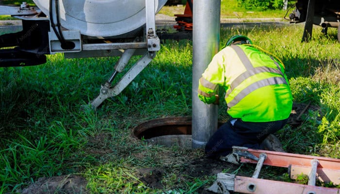 What happens during a sewer line replacement | tycoonstory media Construction worker in a neon safety vest kneels by an open manhole, working near a vertical pipe and heavy equipment.