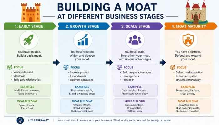 What is a moat in business - tycoonstory | tycoonstory media What is a moat in business infographic showing how companies build competitive advantages through early, growth, scale, and moat maturity stages to create long-term business protection.