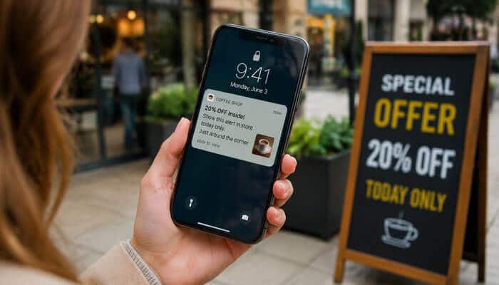 What types of ads can geofencing advertising use - tycoonstory | tycoonstory media Geofencing advertising mobile notification showing a 20% discount offer near a local store.