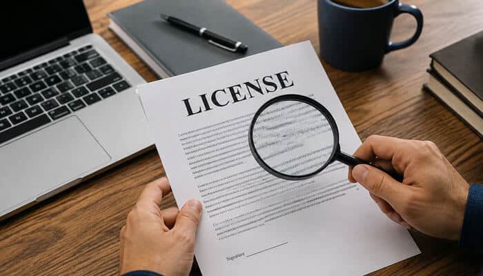 What we can actually verify about the license - tycoonstory | tycoonstory media How much mogothrow77 software is open source illustrated by reviewing software license documents with a magnifying glass beside a laptop.