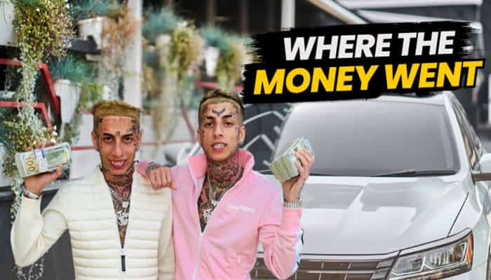 Where the money went - tycoonstory | tycoonstory media Island boys net worth article graphic showing two tattooed viral twin performers holding cash beside a luxury suv, representing spending on cars, jewelry, and an expensive lifestyle.