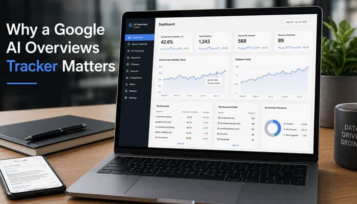 Why a google ai overviews tracker matters - tycoonstory | tycoonstory media Google ai overviews tracker analytics dashboard on a laptop showing citation growth, visibility metrics, tracked keywords, and source data.