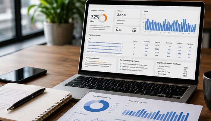 Why page-level analysis matters for individual keywords - tycoonstory | tycoonstory media Seo workspace illustrating domain authority vs page authority with keyword difficulty, page scores, backlinks, traffic trends, and ranking data.