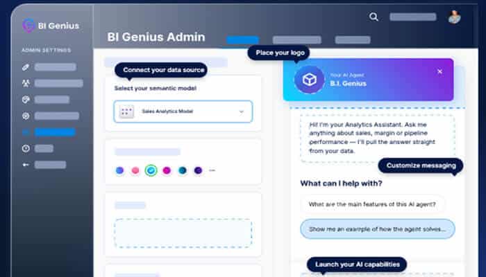 Bi genius: no-code, governed agents built for power bi | tycoonstory media Ai agents for power bi dashboard showing an ai analytics assistant connected to a semantic model for conversational business insights.