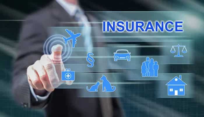 Insurance calls need care - tycoonstory | tycoonstory media Businessperson interacting with a digital insurance interface featuring car, home, family, plane, medical kit icons and the word insurance.