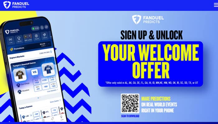 Draftkings predictions | tycoonstory media Promotional banner with a smartphone on the left and a blue-yellow panel reading 'sign up & unlock your welcome offer'; includes a qr code for download.