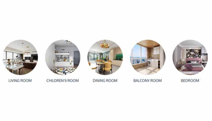 Why choose snimay - tycoonstory | tycoonstory media Row of five circular room thumbnails previewing interiors: living room, children's room, dining room, balcony room, bedroom