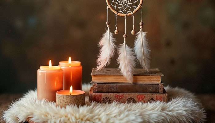 454 angel number meaning for manifestation - tycoonstory | tycoonstory media 454 angel number manifestation concept with glowing candles, a feathered dreamcatcher, and vintage books symbolizing reflection, stability, positive change, and focused intentions.