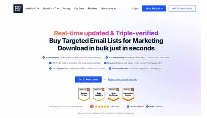7 best manufacturing email list providers for b2b outreach in 2026 2 | tycoonstory media Hero section of a marketing landing page: bold gradient headline about real-time updated & triple-verified targeted email lists; main cta 'get 10 free leads' with top navigation links