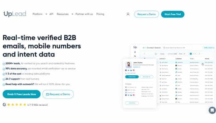 7 best manufacturing email list providers for b2b outreach in 2026 3 | tycoonstory media Hero section for uplead: headline about real-time verified b2b emails, mobile numbers, and intent data, with feature bullets and two ctas, plus a platform ui mockup on the right.