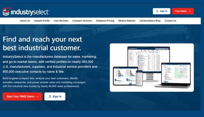 7 best manufacturing email list providers for b2b outreach in 2026 5 | tycoonstory media Hero banner with blue background: headline 'find and reach your next best industrial customer,' supporting copy about the manufacturers database, and a graphic of a laptop, tablet, and mobile showing the software dashboard.