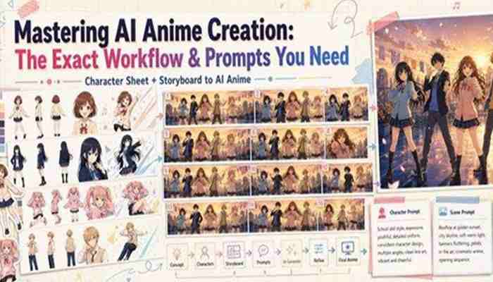 | tycoonstory media Book cover for 'mastering ai anime creation: the exact workflow & prompts you need,' with character sheets, storyboards, and anime art samples.