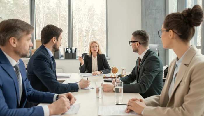 Best florida government affairs firms 1 | tycoonstory media Female leader presenting to a team of five professionals in a bright conference room around a long table.