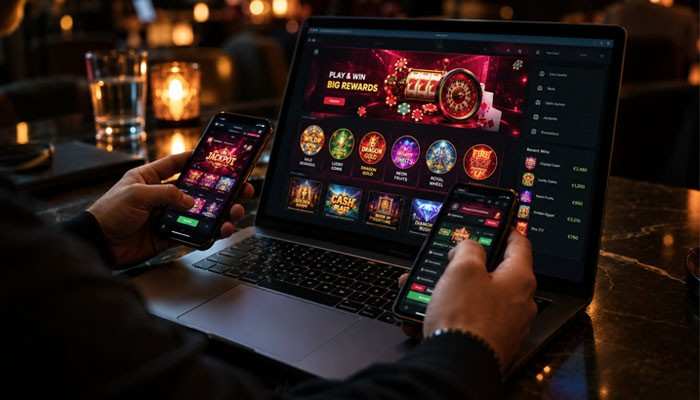 What a modern social casino looks like in practice | tycoonstory media Person using a laptop and two smartphones to play online casino games in a dim, candlelit setting.