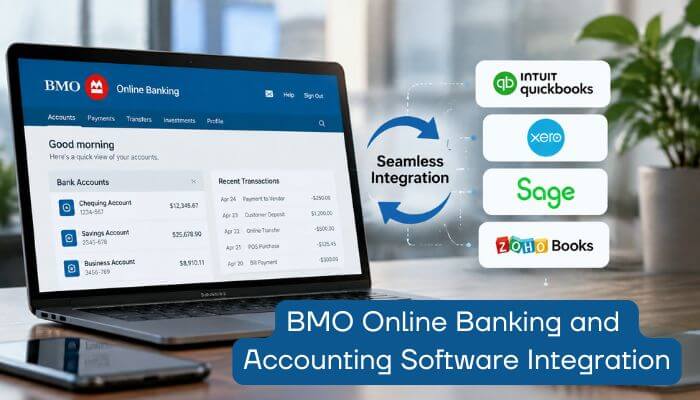 Bmo online banking - tycoonstory | tycoonstory media Bmo online banking and accounting software integration dashboard showing seamless connection with quickbooks, xero, sage, and zoho books for business financial management and digital banking automation.