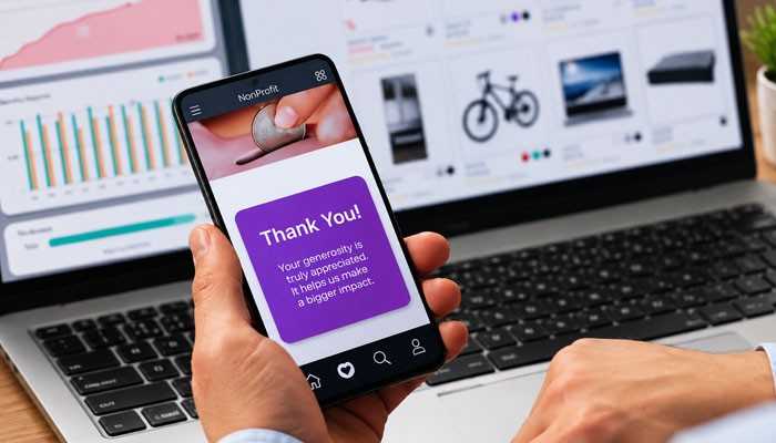 | tycoonstory media Person holding a smartphone showing a purple 'thank you! ' message as a laptop with charts and a monitor displaying product images sits in the background.