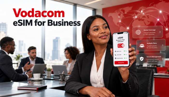 | tycoonstory media Businesswoman in a meeting holds up a smartphone displaying the vodacom esim for business app; colleagues at a table are in the background in a bright office.