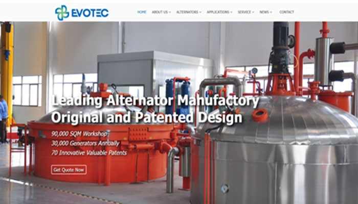 1. Evotec power | tycoonstory media Industrial alternator factory scene with red machinery and large silver tanks; overlay text reads 'leading alternator manufacturer, original and patented design'.