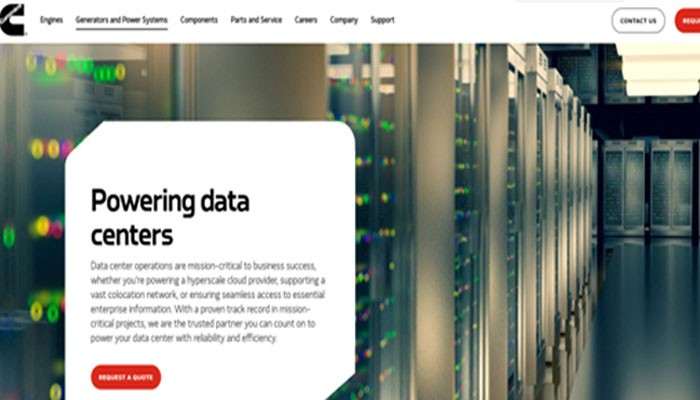 3. Cummins | tycoonstory media Data-center server racks in the background with a white rounded panel reading 'powering data centers' and a red 'request a quote' button.