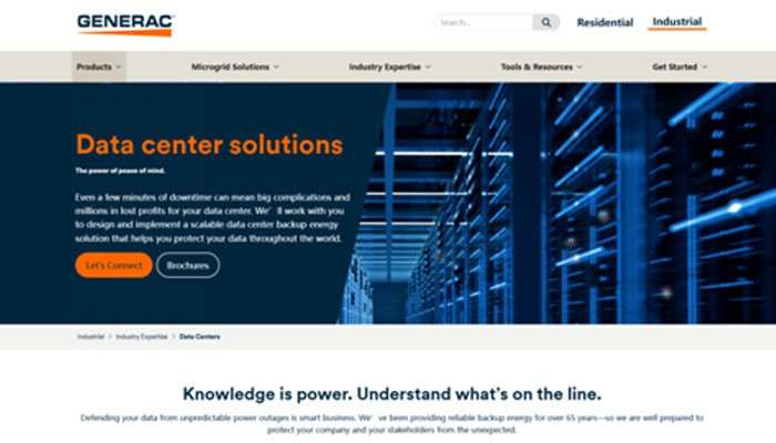 | tycoonstory media Hero banner for generac: 'data center solutions' headline with dark left panel and rows of blue server racks on the right, plus a top navigation bar at the top.