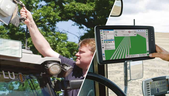 Picture shown:topcon premium line steering | tycoonstory media Farmer operating a tractor while a tablet shows precision farming guidance and field map