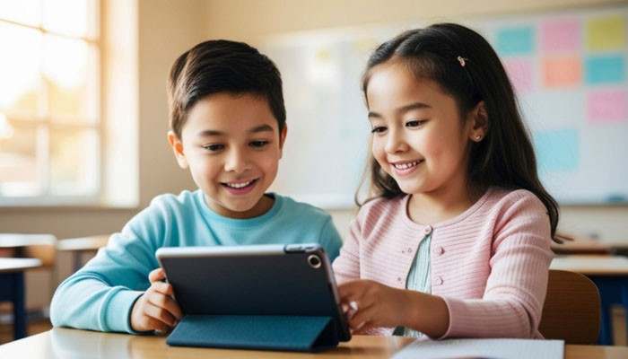 Challenges of using technology in education - tycoonstory | tycoonstory media Why technology should be used in the classroom roartechmental showing students using a digital tablet for interactive learning, collaboration, and technology-based education in a modern classroom environment.