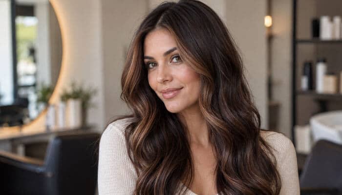 Chestnut money piece hair on dark hair - tycoonstory | tycoonstory media Woman with chestnut money piece hair highlights framing her face against dark brown, softly waved hair.