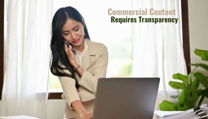 Commercial content requires transparency - tycoonstory | tycoonstory media Simplifydiggs com commercial content transparency review showing a professional workspace with laptop research, highlighting sponsored content disclosure, website trust factors, and digital publishing credibility