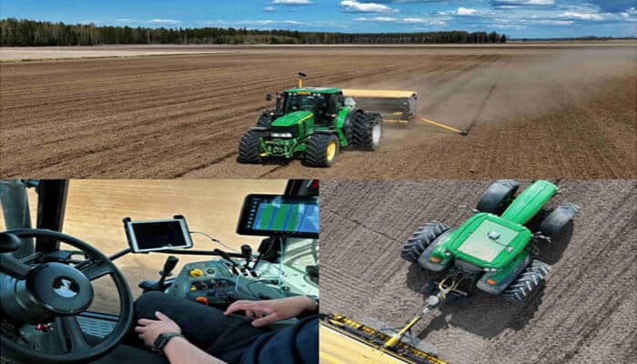 Picture shown: efix esteer20 max | tycoonstory media Collage of farming gear: a green tractor plowing a field, a tractor cab with dashboards and screens, and a compact green robotic tractor in the field