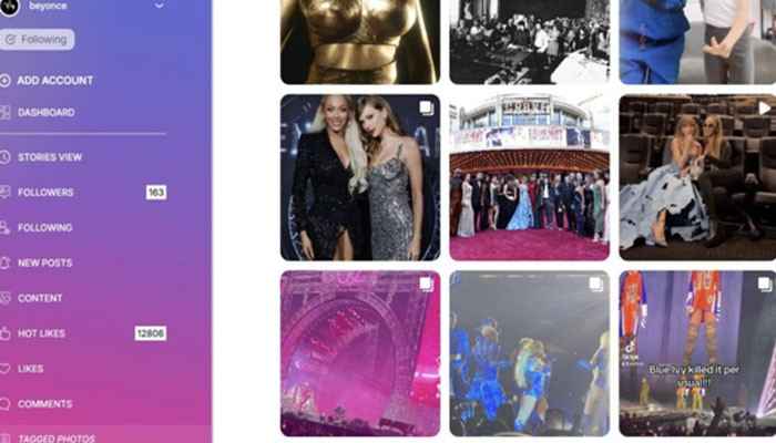 | tycoonstory media Profile/dashboard layout with a purple gradient sidebar on the left and a 3x3 grid of fashion and event photos on the right, resembling a social media gallery app.