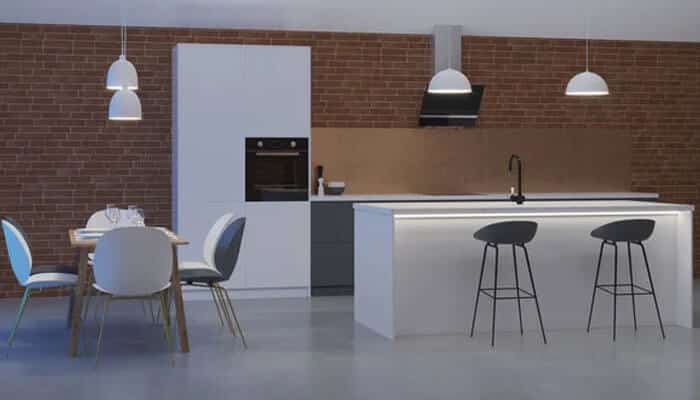 Diameter and visual weight | tycoonstory media Modern open-concept kitchen with white cabinetry, brick wall, and an island with two bar stools; round dining table and chairs near a brick wall.
