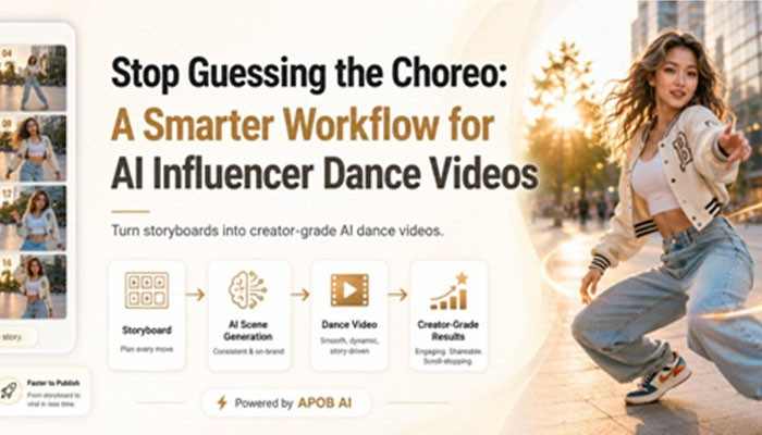 The pain point: the "static cover" trap | tycoonstory media Promotional banner showing a female dancer on the right with an ai-driven 4-step workflow (storyboard, ai scene generation, dance video, creator-grade results) and the headline 'stop guessing the choreo: a smarter workflow for ai influencer dance videos'