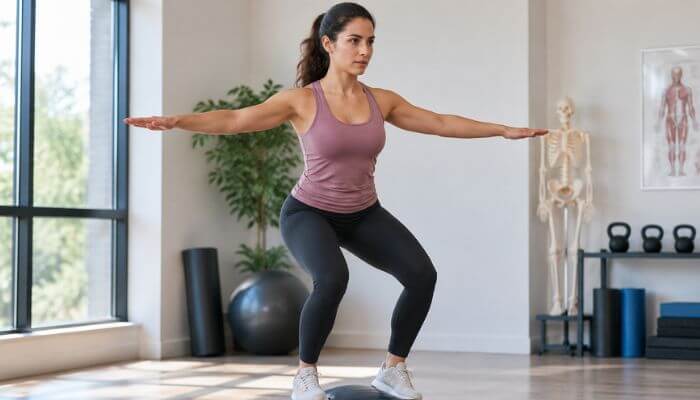 Do wider hips give women better balance 1 | tycoonstory media Woman performing a balance exercise showing why are men typically less stable on their feet than women.