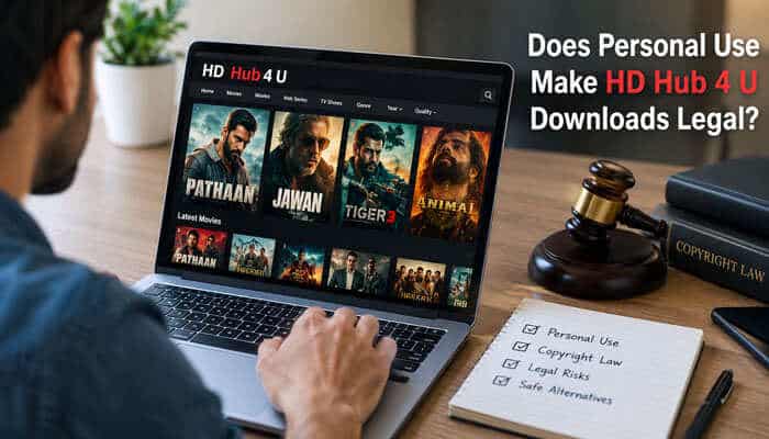 Does personal use make hd hub 4 u downloads legal - tycoonstory | tycoonstory media Hd hub 4 u downloads legality discussion showing a user accessing a movie streaming website on a laptop with copyright law and personal use considerations.