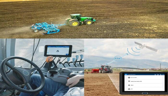 Picture shown:sveaverken f100 auto steer system | tycoonstory media Collage of precision farming tech: tractor pulling an implement in a plowed field, a tractor cab with a digital display, and a tablet showing field monitoring with satellite link.