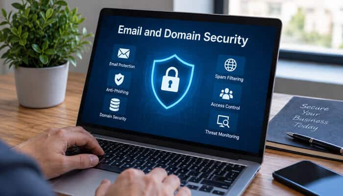 Email and domain security - tycoonstory | tycoonstory media Small business it support with email and domain security protection on a laptop showing cybersecurity solutions
